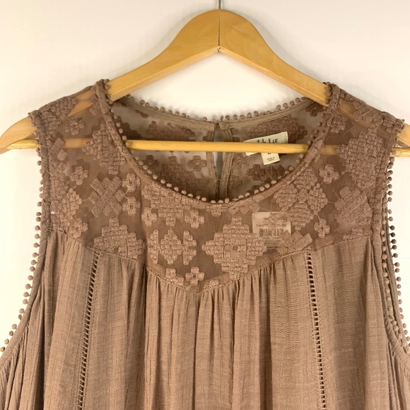Mocha mousse gauze Sleeveless Embroidered lace yoke handkerchief hem boho dress - Picture 1 of 14